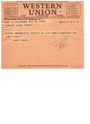 ["The company welcomes suggestions from its patrons regarding its service. The text also includes information about different classes of service for telegrams and cables, as well as contact information for company executives. Additionally, there is a message sent to Senator Elmer Thomas requesting acknowledgment of a list of names provided in June. Finally, there is a reminder that sending money by telegraph or cable is the quickest, surest, and safest method."]