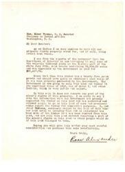["Rose Alexander, a concerned Indian, is writing to Honorable Elmer Thomas, U.S. Senator and Chairman on Indian Affairs, expressing her concerns about the sale of valuable timbered lands in the Eastern part of the state. She believes that the timber has increased in value since it was appraised in 1912 and should not be sold at the same price. She also raises concerns about the government neglecting the timber on the land and allowing people to remove it for commercial purposes. Alexander requests that the sale be postponed until an investigation and adjustment of the timber removal has been made, and that mineral rights on the land be reserved."]