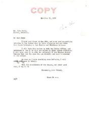 ["The text consists of a series of letters between Senator Elmer Thomas, John Craig, and the Assistant Commissioner of Indian Affairs regarding the illegal cutting of timber from land belonging to the Choctaw and Chickasaw Nations. Senator Thomas promises to address the issue with the Indian Office and the officials of the Choctaw Nation. Craig expresses interest in purchasing the remaining tribal timber lands and requests that his offer be transmitted to the proper officials. The Assistant Commissioner of Indian Affairs acknowledges Craig's offer and states that if the tribal timber lands are to be sold, he will be provided with a copy of the advertisement to submit a bid."]