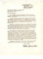 ["The letter is a request from an Indian to U.S. Senator Elmer Thomas to postpone the sale of valuable timbered lands in the Eastern part of the state, as the timber has grown in value since its appraisal in 1912 and the government has neglected to protect it. The Indian also requests that mineral rights be reserved and an investigation be conducted before the sale proceeds. Senator Thomas responds, assuring that he will do what he can to help."]