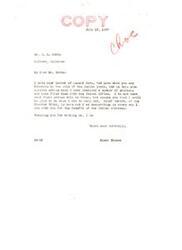 ["The letter is from J. B. Potts to Senator Elmer Thomas expressing concern about the sale of valuable timbered Indian lands in Oklahoma. Potts urges the Senator to ensure that the property rights of the Indians are properly cared for and that the land is not sold without reserving mineral rights. He also requests a postponement of the sale until an investigation and adjustment of the timber that has been removed from the land is made. Senator Thomas responds, assuring Potts that he has filed protests with the Indian Office and will do what he can to help. He is cooperating with Chief Durant of the Choctaw Tribe for the benefit of Indian citizens."]