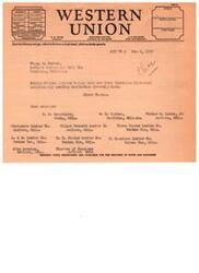 ["The text provides information about different classes of service offered by Western Union for sending telegrams, including full-rate, night letters, day letters, deferred messages, and ship radiograms. It also outlines the terms and conditions for sending messages, including liability limits, delivery options, and special terms for each type of service. Additionally, it includes a sample message and contact information for Western Union."]