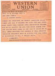 ["The text is a telegram sent to US Senator Elmer Thomas, urging him to investigate and request the cancellation of an Indian timber land sale in Muskogee, Oklahoma. The sale covers about 23,000 acres and is selling under a single bid which is not fair to Indian or small lumber operators. The sender suggests the sale should be readvertised to sell in smaller units."]