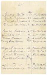 ["The text lists the names and ages of various individuals from different locations, including Hulbert, Oklahoma. It includes families such as the Keeners, Henson's, Youngs, Welches, Osages, Downings, Christens, and Grasshoppers. The ages range from infants to older adults, and the families are described with their respective locations."]