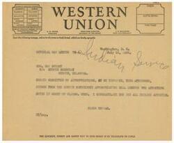 ["The text is a message sent by Elmer Thomas to the Senate Committee on Appropriations regarding the removal of a section from a bill affecting suits in the Court of Claims. Thomas congratulates the recipients and all affected Indians. The message is sent as a day letter using the Western Union service."]