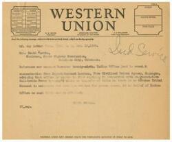 ["The text is a telegram discussing a communication from the Indian Office regarding the transfer of title by the California Power Company. The Indian Office states that there is no Cherokee Tribal Council in existence and believes that the title cannot be obtained. The sender, Elmer Thomas, encloses a letter from Assistant Commissioner William Zimmerman and Superintendent Lendman, confirming this information. Thomas wishes the recipient, Scott Ferris, a Happy New Year and good health, happiness, and prosperity."]