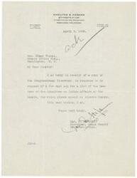 ["The letter is from James S. Hepburn, Secretary of the Osage County Bar Association, to Honorable Elmer Thomas, thanking him for providing a list of the members of the Committee on Indian Affairs of the Senate. The letter is dated April 9, 1935 and is sent from Hamilton & Howard Attorneys at Law in Pawhuska, Oklahoma."]