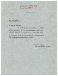 ["Jack Nichols wrote a letter to Senator Elmer Thomas regarding a situation at the Indian Agency in Muskogee. A response was received from Senator Thomas' office acknowledging the letter and stating that the matter will be addressed when Senator Thomas returns from the West Coast. Senator Thomas' secretary also sent a response to Nichols, assuring him that the matter will be brought to the Senator's attention."]