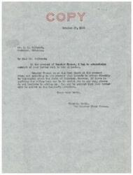 ["R. L. Whitcomb from Muskogee, Oklahoma wrote a letter to Senator Elmer E. Thomas requesting an appointment to discuss Indian road construction. In response, Virginia Smith, on behalf of Senator Thomas, acknowledged the letter and informed Whitcomb that the Senator was on the West Coast and planned to return to Washington in December. Smith offered assistance and assured that the letter would be brought to the Senator's attention."]