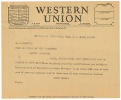 ["The text is a communication regarding the authorization of work on a water main at the Kiowa Hospital. It includes instructions to prepare specifications and proceed with the work. The message is urgent due to the approaching hot and dry weather. The Western Union gift orders are also mentioned as a solution for gift-giving."]