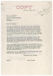 ["The text is a series of correspondences regarding an application made by C. A. Vammen, Superintendent of the Cherokee Indian Mission in Oakes, Oklahoma, for barracks buildings located on the Pryor Prisoner of War Camp to be used for educational purposes. The application is being reviewed by the War Assets Administration and the Office of Real Property Disposal, with an advisory report from the U.S. Office of Education awaited. The eligibility and discount amount cannot be determined until the recommendations are received. The letters assure that the application will receive full consideration and hope for a favorable decision to assign the property to the Cherokee Indian Mission. Senator Elmer Thomas is requested to influence the War Assets Administration in favor of the application."]