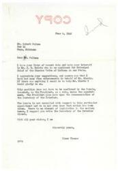 ["The letter is from Robert Fulton to Elmer Thomas, expressing his support for J.H. Belvin to be appointed as Principal Chief of the Choctaw Tribe of Indians. Fulton mentions Belvin's qualifications and asks for Thomas' recommendation. Thomas responds, explaining the appointment process and suggesting that Fulton write directly to the Secretary of the Interior."]
