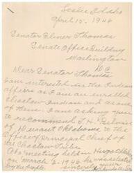 ["The writer, who is a Choctaw Indian, is writing to Senator Elmer Thomas to recommend J.H. Belvin for the position of Principal Chief of the Choctaw Tribe. Senator Thomas explains that the appointment is made by the President based on the recommendation of the Secretary of the Interior and does not require Senate confirmation. He advises the writer to contact the Secretary of the Interior directly for further information."]