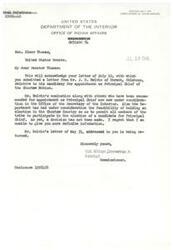 ["The letter is from J.H. Belvin of Durant, Oklahoma, regarding his candidacy for appointment as Principal Chief of the Choctaw Nation. He expresses concern that current Chief Durant has been promised the appointment and urges Senator Elmer Thomas to support holding an official nominating convention to allow the tribe to have a voice in selecting their Chief. Belvin highlights the importance of democratic principles and the need for the tribe to have a say in their leadership. He also mentions the voting power of the Choctaw and Chickasaw people in elections and requests Senator Thomas' support in advocating for their right to choose their Chief through a fair and democratic process."]