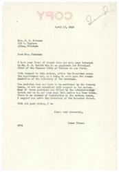["Mrs. J.B. Johnson writes to Senator Elmer Thomas, expressing her support for J.H. Belvin to be appointed as Principal Chief of the Choctaw Tribe of Indians. Senator Thomas explains that the President makes the appointment based on the recommendation of the Secretary of the Interior, and suggests that Mrs. Johnson write directly to the Secretary of the Interior. He also mentions that such appointments do not require Senate confirmation and are typically carried out by the administrative branch without consultation."]