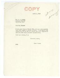 ["Leeper wrote a letter to Elmer Thomas on March 28th, suggesting a new Principal Chief for the Choctaw Indians in Oklahoma. Elmer Thomas responded on April 2nd, thanking Leeper for his suggestions and assuring him that they will be considered."]