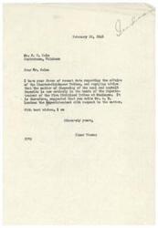 ["P.W. Cole is writing to Senator Elmer Thomas about the disposal of coal and asphalt deposits belonging to the Choctaw-Chickasaw Tribes. Senator Thomas advises Cole to contact the Superintendent of the Five Civilized Tribes in Muskogee regarding the matter. Cole expresses the tribes' interest in the disposal of the land and hopes for a favorable outcome."]