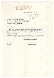 ["Floyd E. Maytubby, Governor of the Chickasaw Nation, is updating Senator Elmer Thomas on progress made regarding a contract concerning segregated lands over coal deposits. Maytubby mentions a meeting with a representative of the Secretary of the Interior and plans to discuss the matter further in Washington. He expresses hope of meeting with Senator Thomas soon."]