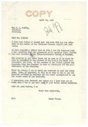 ["J.L. Coffee writes to Senator Elmer Thomas regarding a settlement for the Chickasaw Tribe's asphalt and coal lands. Senator Thomas explains that a law was passed in 1944 for the government to purchase these deposits, and once a contract is drawn up and approved by the tribes, it will be sent to Congress for consideration. Senator Thomas assures Coffee that he is working to get the contract ratified and the necessary funds allocated. Coffee expresses his interest in the settlement and asks for information on the progress being made in Congress."]