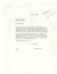 ["Senator Elmer Thomas is responding to a letter from Mrs. N. F. Orr regarding the payment to Indian tribes for the sale of Choctaw and Chickasaw Coal and Asphalt lands. The Office of Indian Affairs is working on negotiations for the purchase price and distribution of proceeds, with consideration given to Mrs. Orr's suggestions. Mrs. Orr suggests monthly payments of $100 to all Indians, as some are in need and struggling to make a living."]