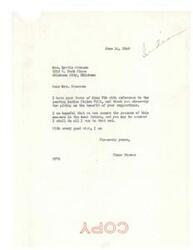 ["Mrs. Myrtle Creason wrote a letter to Honorable Elmer Thomas expressing gratitude for his support of the pending Indian Claims Bill. She mentioned that the Choctaw-Chickasaw Confederation appreciates his active interest in Indian affairs and hopes for the passage of the bill in the Senate. Mrs. Creason also thanked Senator Thomas for his encouragement and assistance in Indian matters."]