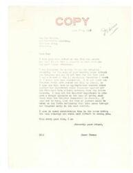 ["Senator Elmer Thomas received a letter from Ben Dwight, on behalf of the Choctaw Nation, expressing gratitude for his assistance in getting the Choctaw-Chickasaw Coal Sale Bill passed in Congress. Dwight acknowledges that an appropriation for the sale may not be secured until January, but is pleased that the matter is now on a definite and binding basis. Senator Thomas plans to visit Oklahoma during the fall campaign and looks forward to seeing Dwight."]