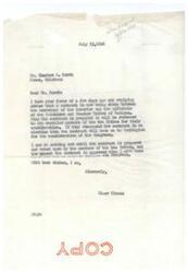 ["The letter is from Elmer Thomas to Charles E. Burch regarding a contract being drawn between the Secretary of the Interior and officials of the Chickasaw and Choctaw Tribes of Indians. Once the contract is prepared, it will be voted on by the members of the two tribes and then considered by Congress. Burch is inquiring about the government buying coal-asphalt sand from the tribes, which they have been waiting on since 1902. He requests that Elmer Thomas look into the matter."]