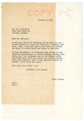 ["The letter dated October 9, 1946 from Elmer Thomas to G. V. Merryman acknowledges that Merryman, a Choctaw Indian living in Phoenix, Arizona, is inquiring about money due to the Indians. The letter states that the matter has been referred to the Assistant Commissioner of Indian Affairs in Chicago, Illinois, and includes a copy of the Indian Claims Commission bill that was recently passed. Thomas promises to provide an update once more information is available. Additionally, a copy of the letter sent to Honorable William Zimmerman, Jr. of the Office of Indian Affairs in Chicago is enclosed, requesting an early report on the matter."]