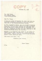 ["Elmer Thomas received a letter from Andy Young expressing interest in the sale of coal-asphalt land of the Choctaw-Chickasaw Nation. Thomas forwarded Young's letter to the Office of Indian Affairs for an update. He also received a letter from Jack Love inquiring about the status of the land sale, to which Thomas explained the process and current situation."]