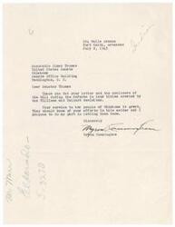 ["The letter dated May 4, 1946, acknowledges a letter from James Kahdot and states that it will be brought to the attention of Senator Thomas upon his return to Washington. The letter addresses concerns about the Fort Berthold Indians in North Dakota facing potential removal from their Reservation due to the Garrison Dam project. It urges support in writing to U.S. Senators and Congressmen to prevent this violation of Treaty stipulations."]