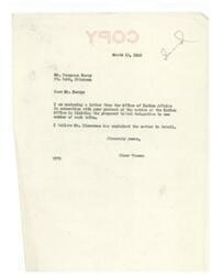["Senator Elmer Thomas received a letter from Tennyson Berry, a Kiowa-Apache Indian, protesting the Office of Indian Affairs' decision to limit the tribal delegation to one member from each tribe due to budget constraints. The letter explained that although some tribes had enough funds to pay for a larger delegation, Congress had placed limitations on the expenditure of tribal funds for council and delegation expenses. The Office of Indian Affairs had requested a supplemental authorization for additional funds, but it had not been approved yet. Berry expressed disappointment in the decision and requested Senator Thomas' support in securing more funds for the delegation."]