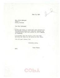 ["Mrs. Rilla Lybarger wrote a letter to Senator Elmer Thomas inquiring about the status of a measure for rejected Indians. Senator Thomas replied that the measure is still pending in committee and he is hopeful that Congress will pass it. Mrs. Lybarger expressed concern about her family members who were rejected as Indians and asked for guidance on what to do next. Senator Thomas thanked her for her views and assured her that he would keep her updated."]