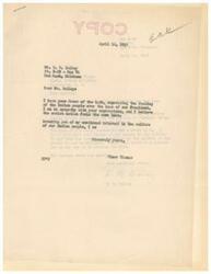 ["The text is a series of letters between Dailey and Senator Elmer Thomas expressing sympathy for the loss of President Franklin Delano Roosevelt. Dailey expresses concern for the future of the Indian people and their welfare, particularly in relation to the use of Peyote by the Navajo Indians. Senator Thomas advises Dailey to contact Senator O'Mahoney for further information on the matter."]