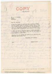 ["The text is a letter from A. F. Houston to a Senator regarding a petition to amend Indian laws in Delaware County, Oklahoma. The petition requests permission for Indians with restricted, unimproved land to sell it in order to improve conditions on their farms and allow others to develop the land. The letter expresses support for the resolution and requests the Senator's assistance in addressing the issue."]