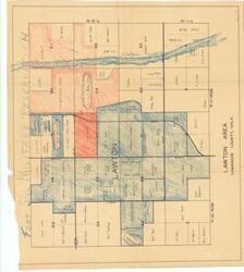 ["Survey map depicting Cache Creek, property lots, the U.S. Government Indian Schools, and land to be acquired. Dimensions: 150 units."]