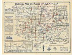 ["Road map by Mid-West Map Co.: This map illustrates the condition and improvements of the state highway system, with larger towns circled in red and a line extending from Lawton to Fort Smith, along with arithmetic annotations. It is associated with the 72nd Congress, Folder: Depression.  Dimensions: Not specified."]