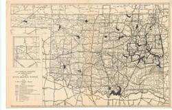 ["Create a concise and logical summary using the title from the TITLE column and the text in the summary. The title is Road map by State of Oklahoma, Department of Highway, which depicts the conditions and improvements of the state highway system, with bodies of water marked in black ink. Dimensions: Not provided."]