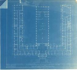 ["Blueprint by G.M. Drew and Private D.A. Hawkins: This document consists of 4 sheets measuring 33 x 34, including a page of notes and datum. Annotations on the first page note that all sinks shown are acid-resistant, provided by Alberine Stone Co., New York City.  Dimensions: 33 x 34"]