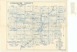 ["Land use map by Gallup Map and Supply Company: This map, accompanied by a separation note, features two maps detailing artesian wells in Comanche County, with red circles indicating well locations. It was originally part of a report and removed from Subject files on Indian Affairs and Education at Ft. Sill Indian School. Dimensions: 17 x 22."]