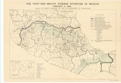 ["Coverage map by the U.S. Department of Agriculture: This map illustrates quarantine lines, animal vaccination lines, work areas, vaccine production and testing laboratories, and packing plant locations in Mexico, including depictions of Mexican states. It was sourced from the 81st Congress's Subcommittee to Investigate Foot-and-Mouth Disease.  Dimensions: 14 x 20"]
