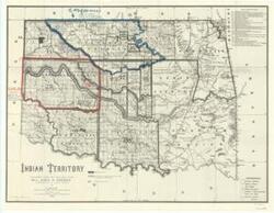 ["Historical Map by the Land Division, Indian Bureau: This 1889 map, compiled by Hon. John H. Oberly, Commissioner of Indian Affairs, and later reprinted, is annotated to highlight Cheyenne-Arapahoe lands. It was removed from 81st Congress legislative documents related to Fort Reno Military Reservations and their return to the Cheyenne-Arapahoe. Dimensions: 25 x 33."]