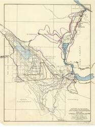 ["Create a concise and logical summary using the title from the TITLE column and the text in the summary.  This geological map, produced by the U.S. Department of the Interior, Bureau of Reclamation, includes a handwritten annotation reading 50 Gori. [ink smeared] Tunnel to Henshaw Res. Dimensions: 10 1/2 x 14."]