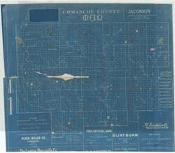 ["Blueprint by S.A. Joyner depicts highways, rivers, and land plots, along with advertisements from local businesses in Comanche County. The blueprint is torn. Dimensions: 23 x 26 1/2."]