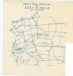 ["Coverage map featuring Ponca City circled in red, with a separation sheet titled Exhibit F in Prospectus: U.S. Navy Hospital at Ponca City, Oklahoma. This item was removed from the Thomas (Elmer) Collection, specifically Outsized Materials for Projects: Ponca City (1943).  Dimensions: 17 3/8 x 18 5/8"]