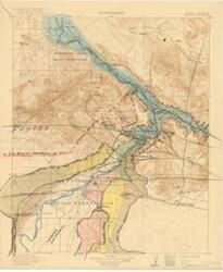 ["This Topographical Map, produced by the Department of the Interior, includes handwritten annotations of fault lines, canals, and tunnels, and was surveyed in 1902-1903 and 1909. Dimensions: 16 1/2 x 20."]
