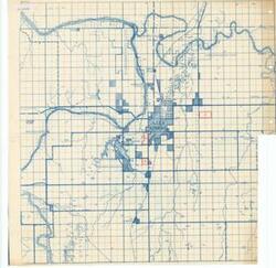 ["Create a concise and logical summary: This item consists of two coverage maps from the Thomas (Elmer) Collection, with a separation note indicating three sites labeled in red, including Exhibits E and D, sourced from Outsized Materials in the Prospectus for the U.S. Navy Hospital at Ponca City, Oklahoma (1943), under Project Files. Dimensions: 21 x 21."]
