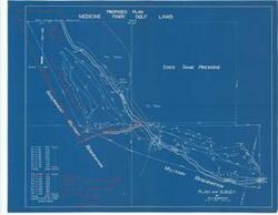 ["Create a concise and logical summary using the title from the TITLE column (CAC_CC_053_4_0000_1_88) and the text in the summary.  Summary: Two blueprints created by W. C. Burnham illustrate the yardage distances between the Government Military Reservation and the golf plan.  Dimensions of the map: Not specified."]