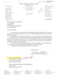 ["The law firm Heard, Gahagan, Blair & Williams is writing to the United States Consulate on behalf of the Muzquiz family, requesting information regarding the death of Theresa Ann Salas in Guanajuato, Mexico. The family is asking for consular protection and access to documents and testimonies related to the incident. The document emphasizes the Consular Convention's authority in providing this information and requests cooperation from the consulate."]