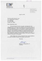 ["The Environmental Defense Fund expresses gratitude to United States Ambassador James R. Jones for speaking at their symposium in San Antonio and providing insightful comments on the relationship between the United States and Mexico. They appreciate his contribution to the discussion on the U.S./Mexico border environment and wish him well in his future endeavors."]
