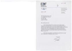 ["The Environmental Defense Fund is thanking Ambassador James R. Jones for being the keynote speaker at their Seventh Annual Symposium. They appreciate his contribution to the discussion on environmental issues, specifically in relation to shared natural resources between Mexico and the U.S."]
